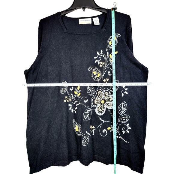 Alfred Dunner Sweater Floral‎ Embroidered Women 1X Square Neck Long Sleeve Black - Picture 3 of 9